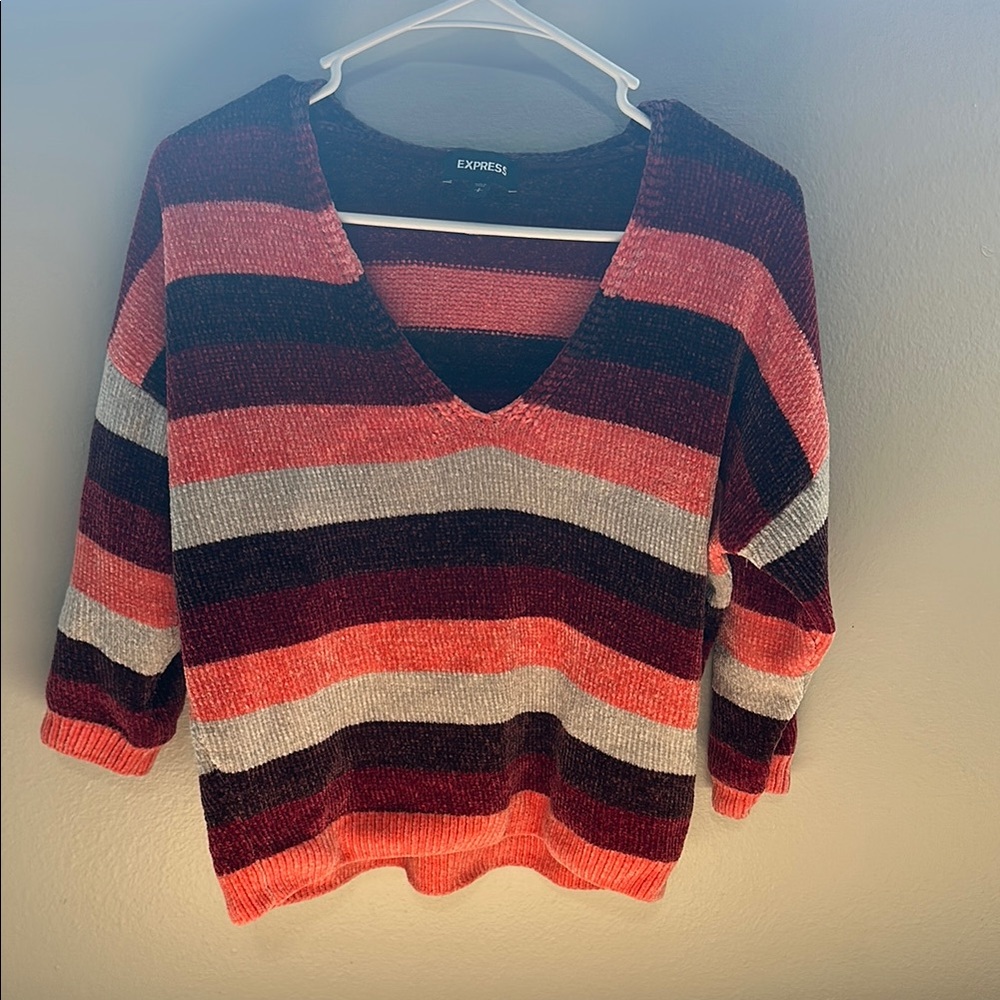 Express Red and Pink V-Neck Sweater